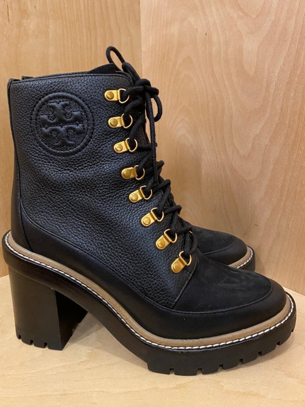 NEW Tory Burch  Miller Black Leather Chunky Lace Up Boots - Size 7 1/2